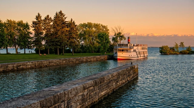 Sunset-lit sightseeing boat docked by a stone pier and tree-lined island