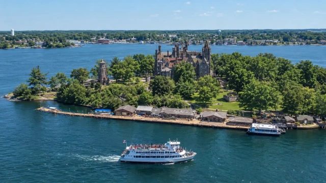 Aerial view of a Thousand Islands tour boat passing Boldt Castle on Heart Island