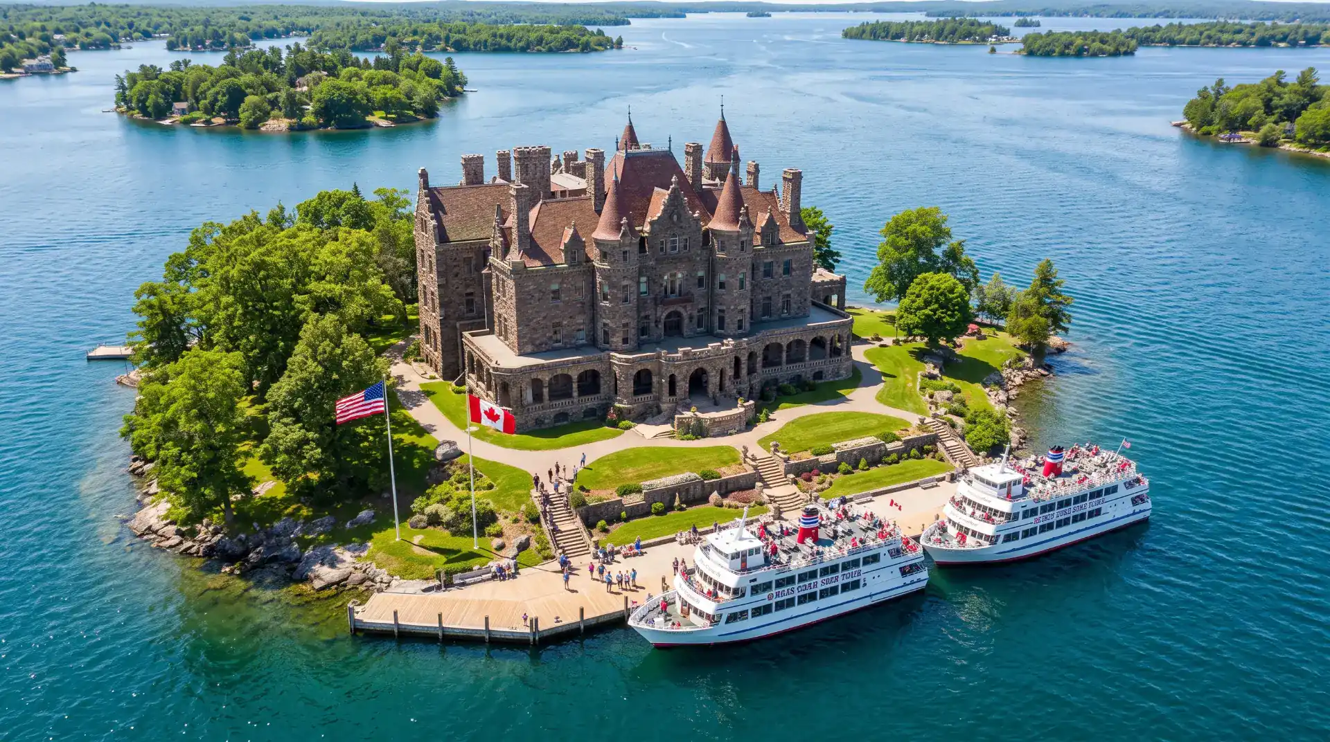 Stone castle with turrets rising from a small island on a calm blue river