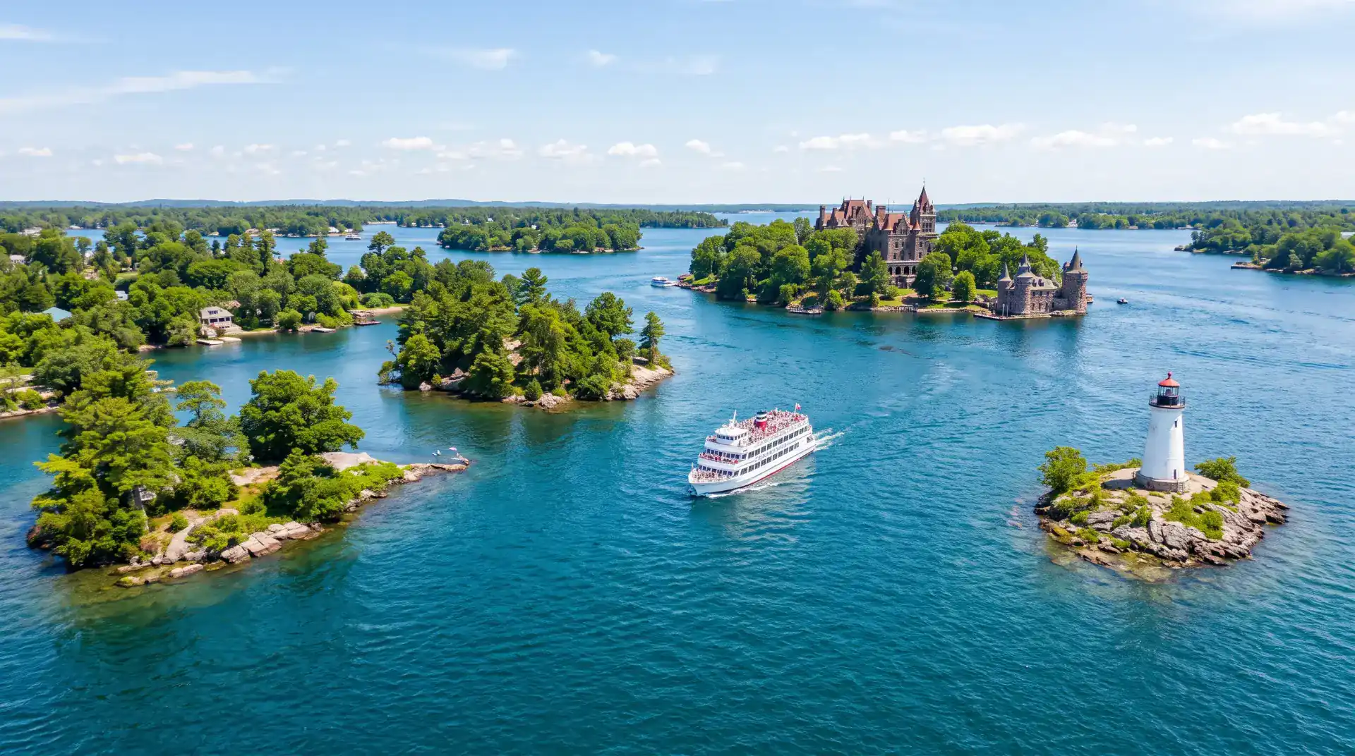 Narrated cruise boat passing a lighthouse and wooded islands on the St. Lawrence River at dusk