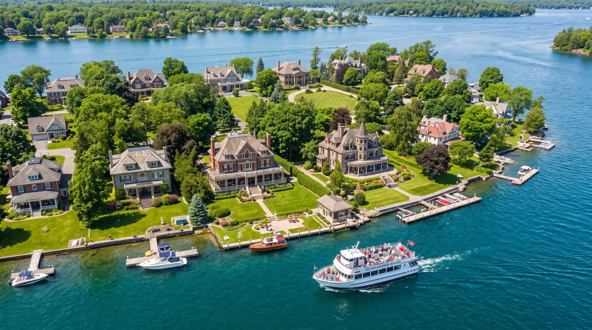 Gilded Age waterfront mansions and boathouses lining a river shoreline in golden evening light