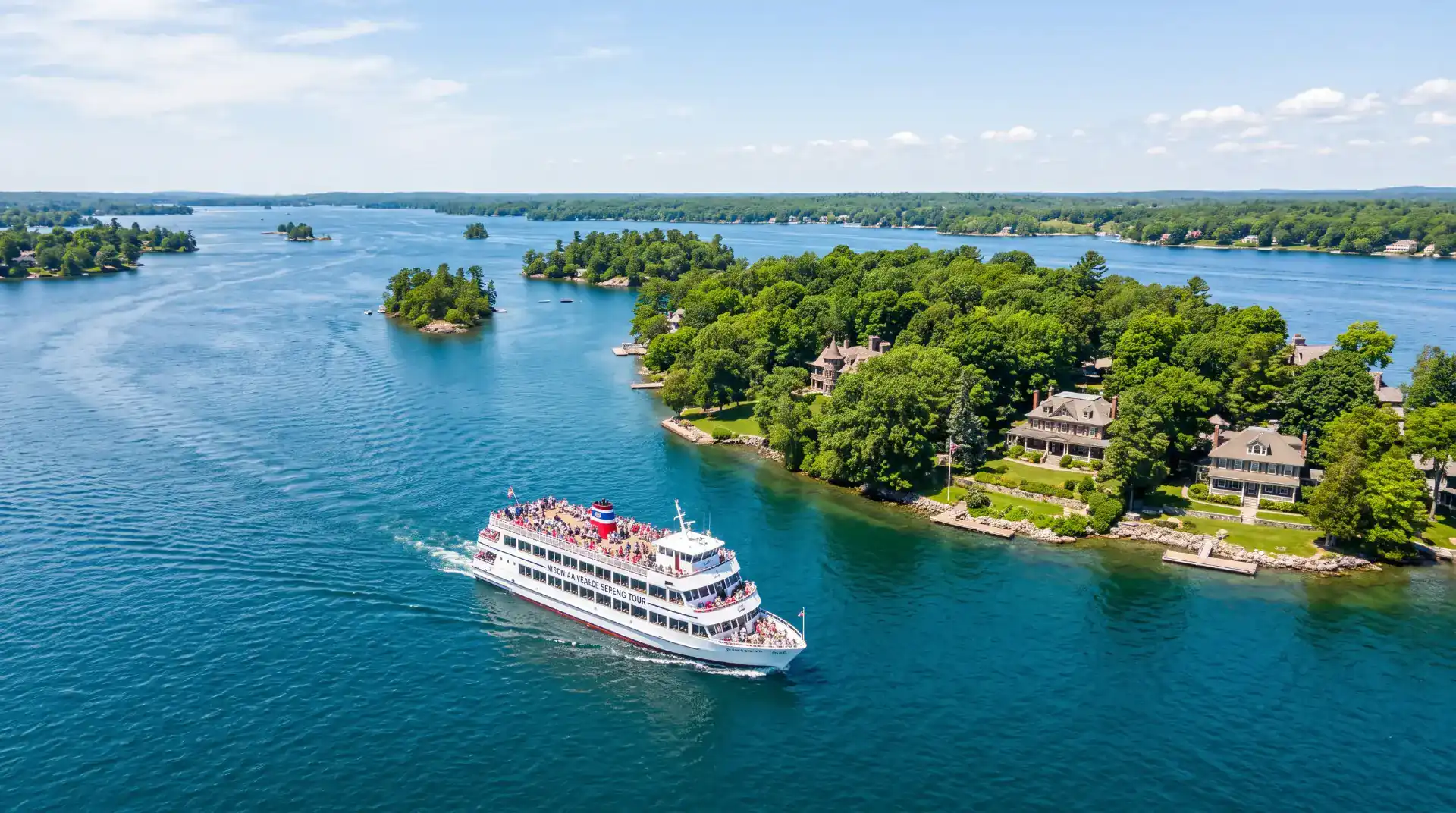 Passengers on the open upper deck of a sightseeing boat cruising past forested islands on the St. Lawrence River
