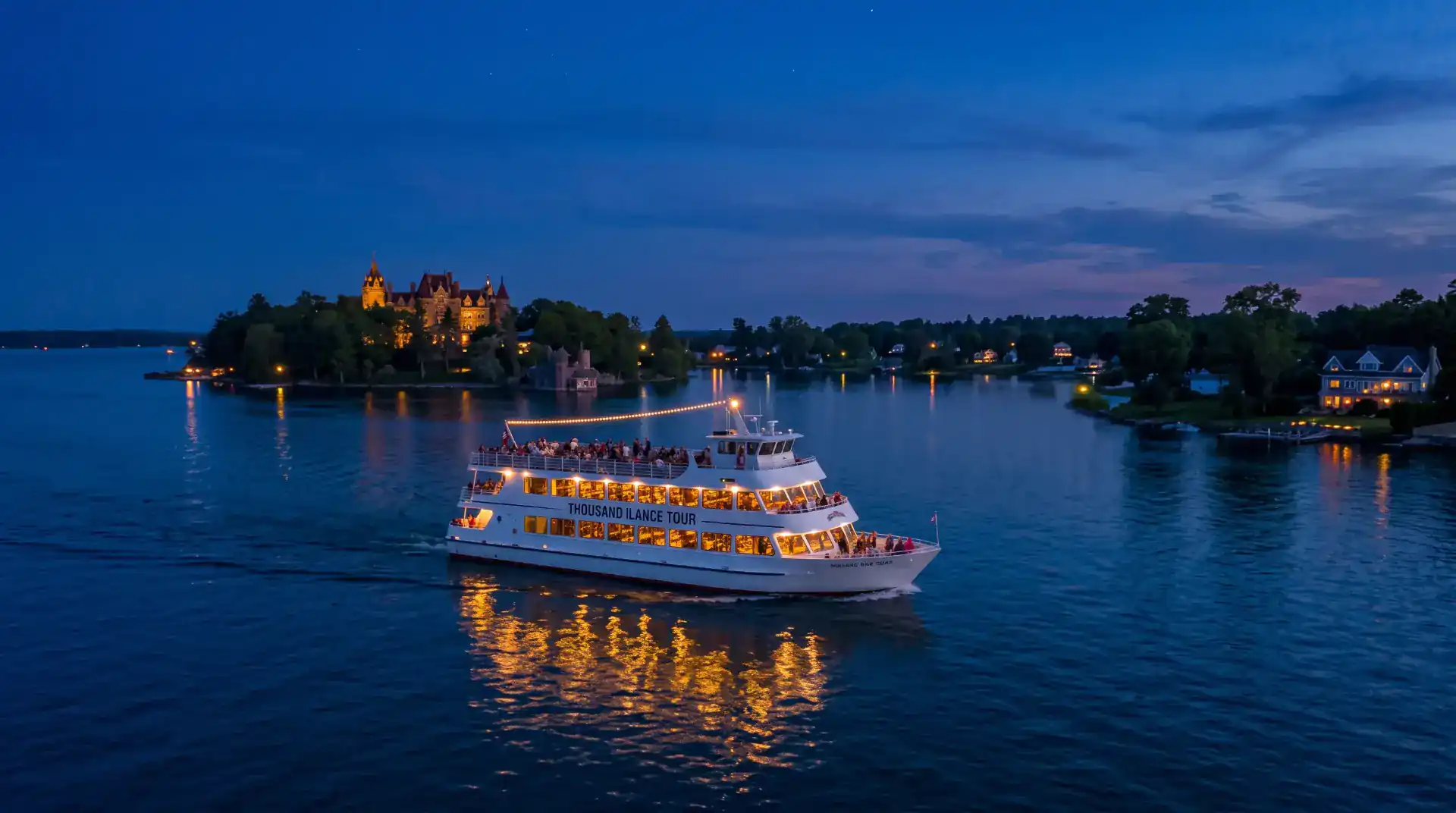 Illuminated passenger tour boat cruising past forested islands on the St. Lawrence River at twilight